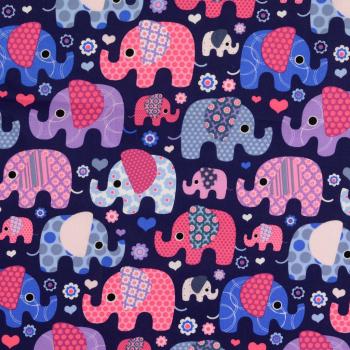 Baumwoll Druck Patchwork Elefanten Rosa/Lila/Blau auf Dunkelblau